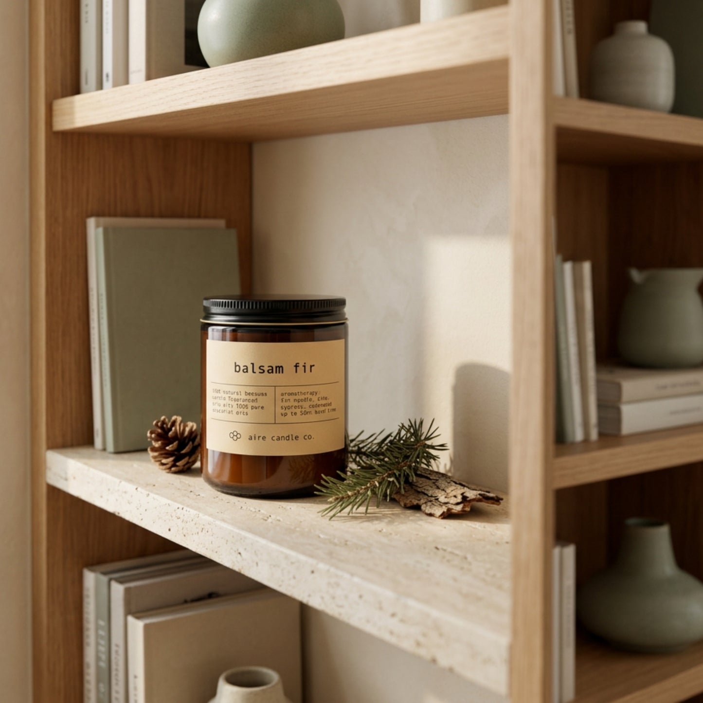 Candle labeled 'balsam fir' by aire candle co. on a travertine shelf with books and decorative items.