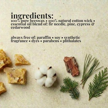 Ingredients list for aire candle co.'s balsam fir candle with natural materials on a textured background