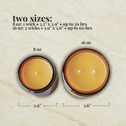 Two beeswax candles with measurements and sizes displayed on a textured beige background. Single wick (8 oz) measures 3.5" x 2.9" and burns up to 50 hours. Double wick (16 oz) measures 3.9" x 3.6" and burns up to 60 hours.
