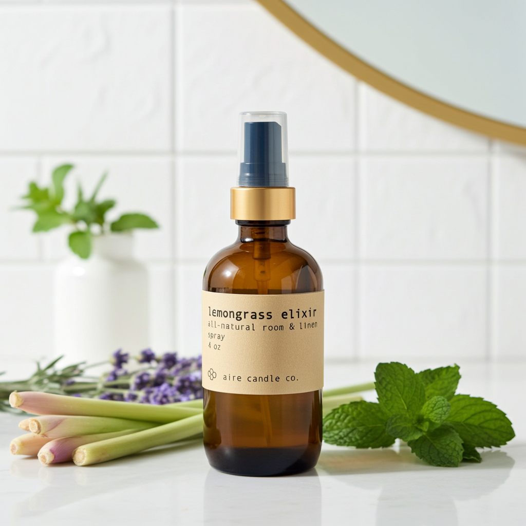 Lemongrass Elixir all-natural room & linen spray by Aire Candle Co., presented in an amber glass bottle with a fine mist pump and gold collar. Styled in a bright, modern bathroom setting with fresh lemongrass stalks, lavender sprigs, and mint leaves, this 4 oz botanical spray offers a crisp citrus-herbal aroma designed to refresh rooms, linens, and living spaces naturally.