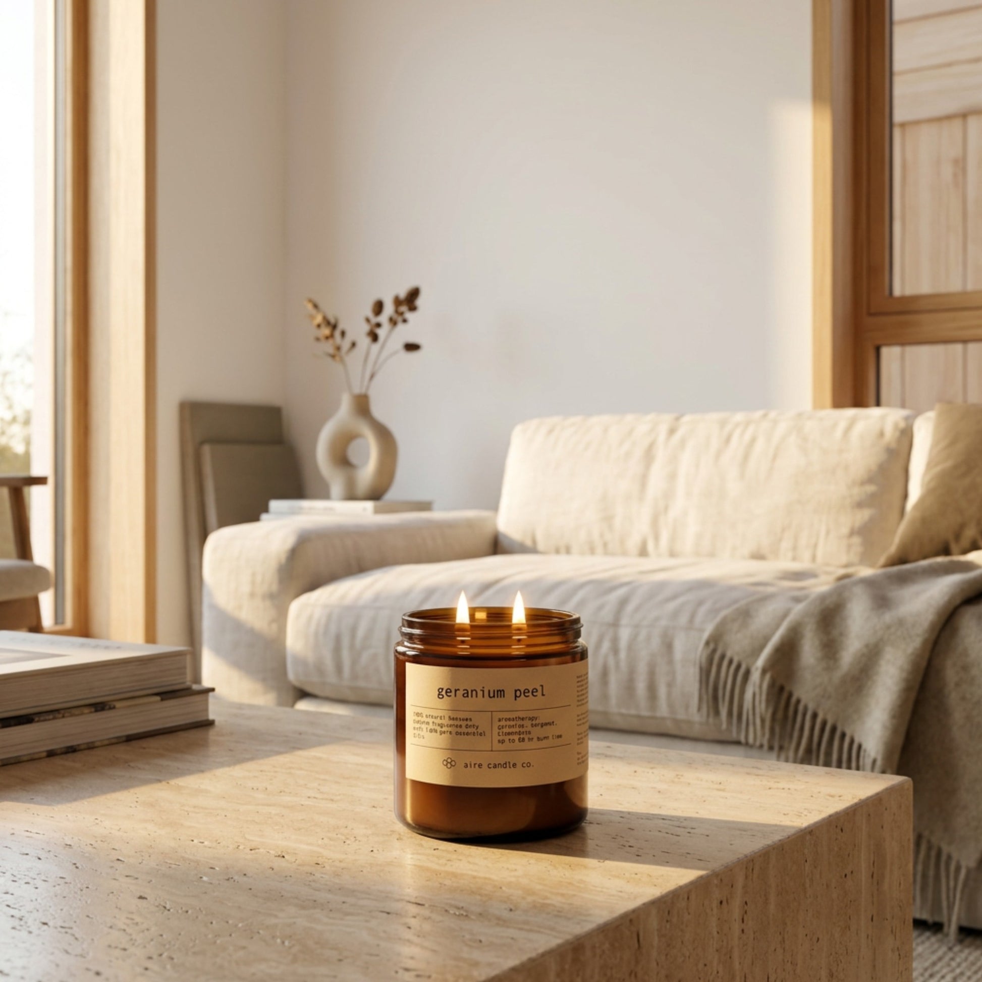 16 oz beeswax candle by aire candle co. labeled 'geranium peel' on a travertine surface in a cozy living room.
