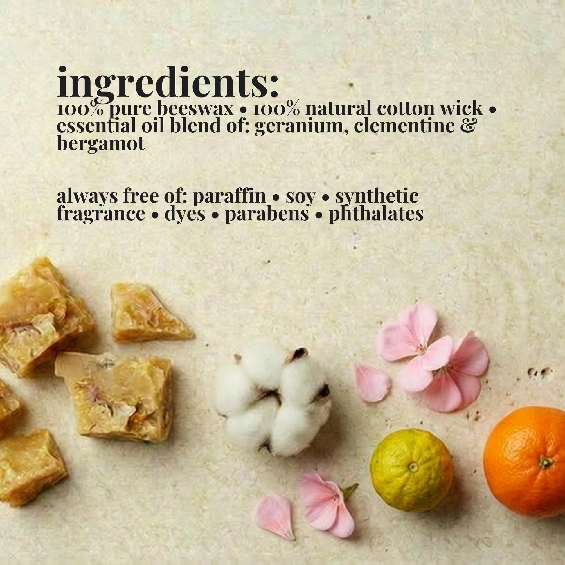 Ingredients list for aire candle co.'s geranium peel candle with natural materials on a textured background