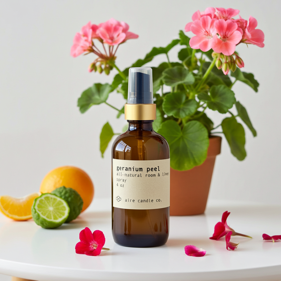 Aromatherapy spray bottle with geranium flowers and citrus fruits on a table