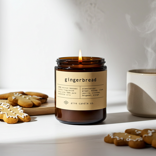 Gingerbread candle with cookies and a mug on a white surface