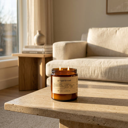 16 oz beeswax candle by aire candle co. labeled 'gingerbread' on a travertine coffee table in a cozy living room.