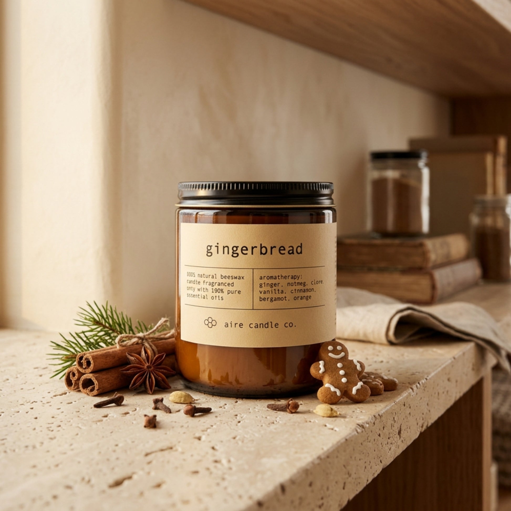 Candle labeled 'gingerbread' by aire candle co. on a travertine shelf with books and spices.