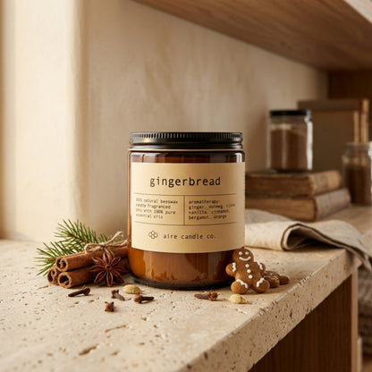 Candle labeled 'gingerbread' by aire candle co. on a travertine shelf with books and spices.