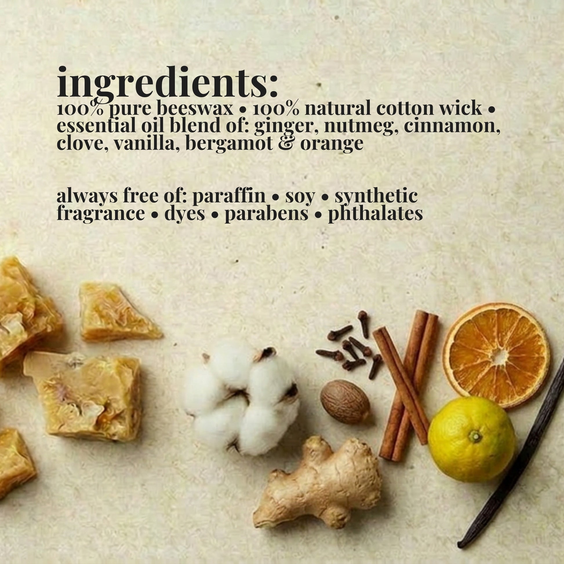 Ingredients list for aire candle co.'s gingerbread candle with natural materials on a textured background