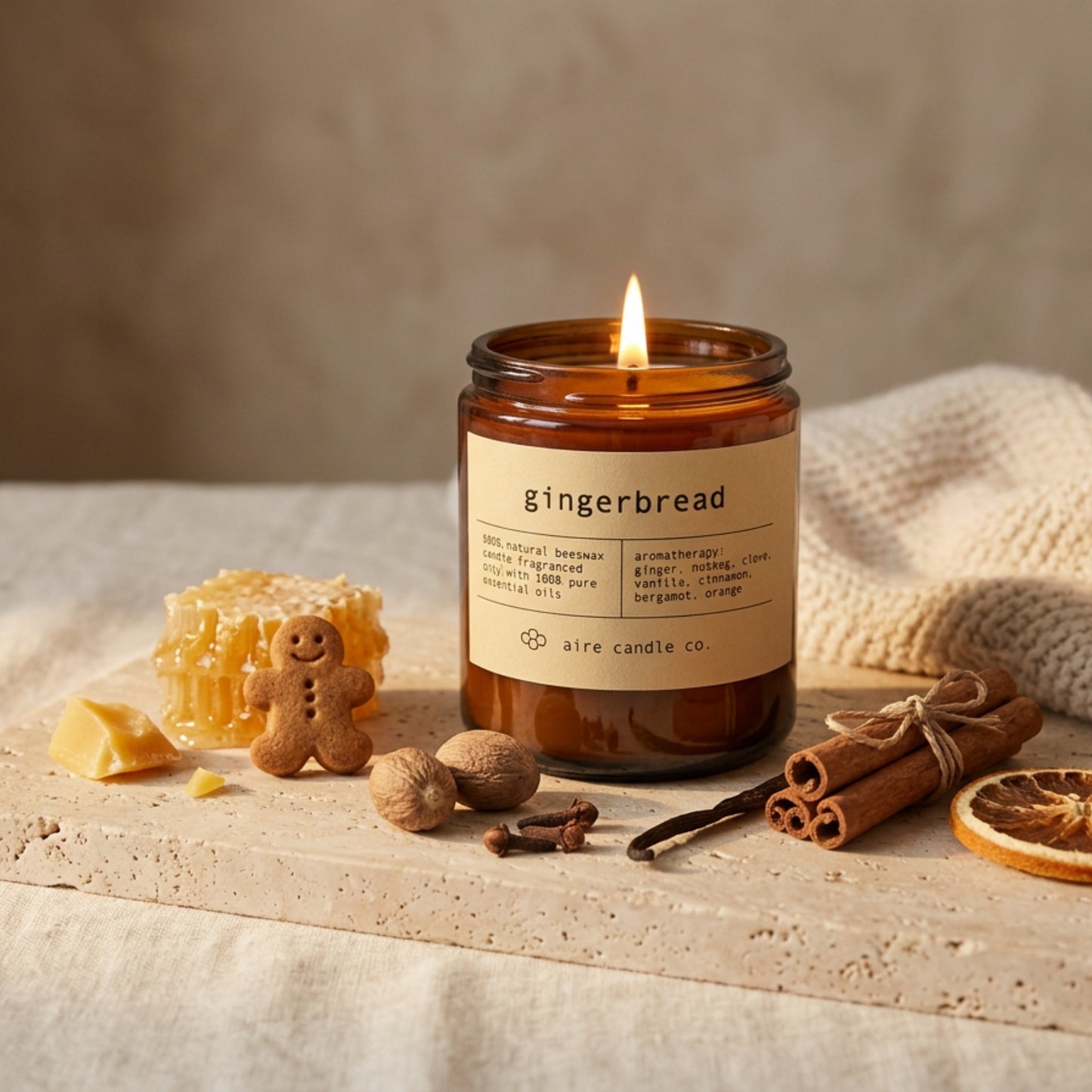 gingerbread candle by aire candle co. with natural elements and scent notes on a travertine surface.