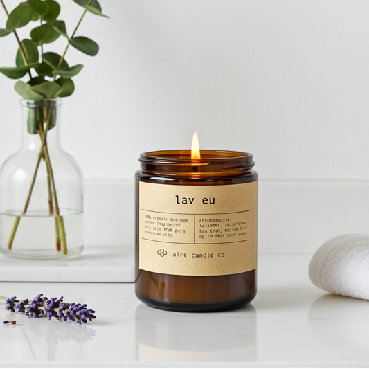 Candle with a label in front of a vase with lavender and eucalyptus and a towel on a white surface