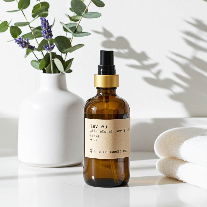 Brown spray bottle with a label on a white surface with a plant and towel in the background