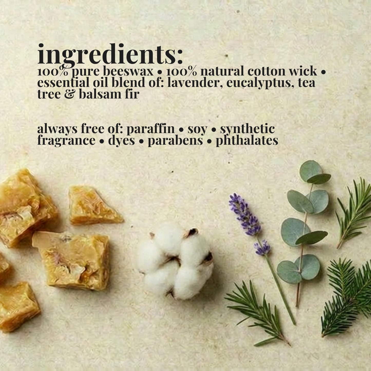 Ingredients list for aire candle co.'s lav eu candle with natural materials on a textured background