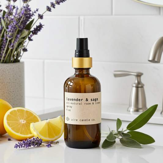 Brown bottle of lavender and sage room spray on a bathroom counter with lemons, sage and lavender flowers.