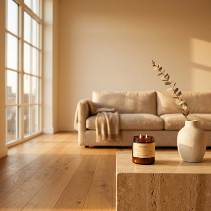 16 oz beeswax candle by aire candle co. labeled 'lavender' on a travertine coffee table in a cozy living room at sunrise.