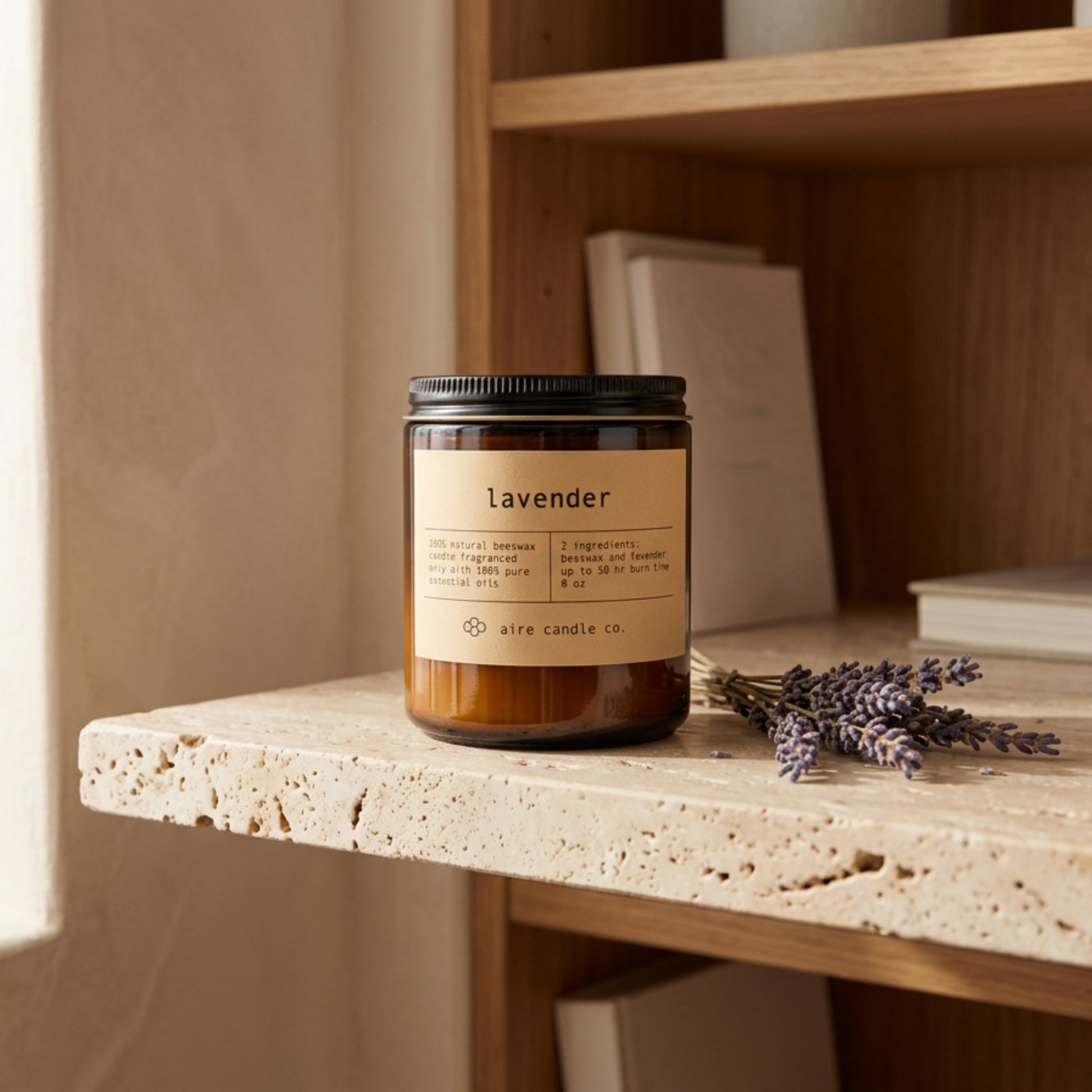 Candle labeled 'lavender' by aire candle co. on a travertine shelf with lavender sprigs and books.