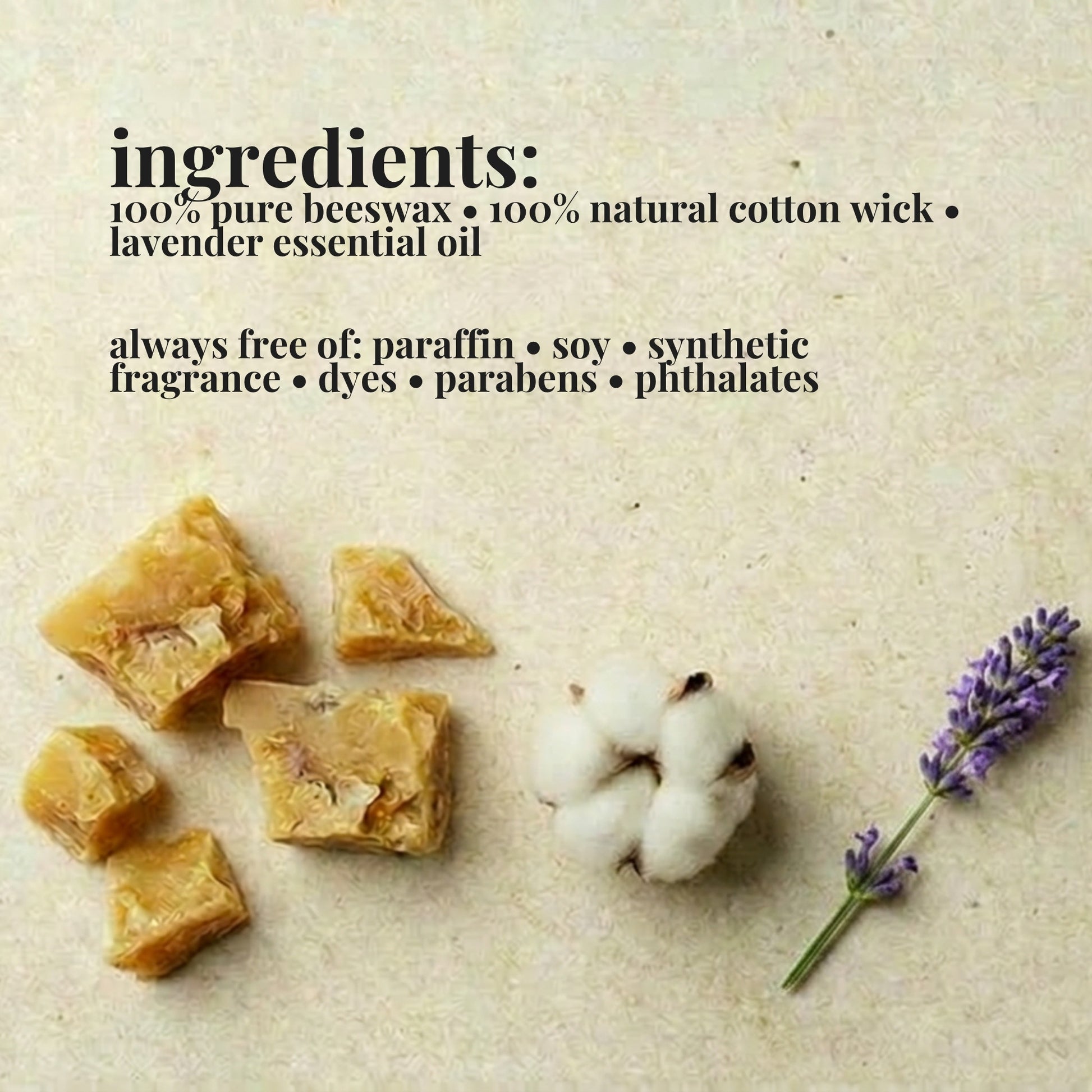Ingredients list for aire candle co.'s lavender candle with natural materials on a textured background
