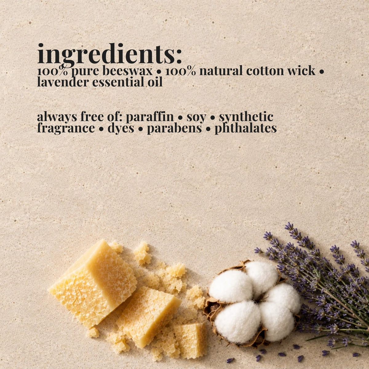 Ingredients list for aire candle co.'s lavender candle with natural materials on a textured background