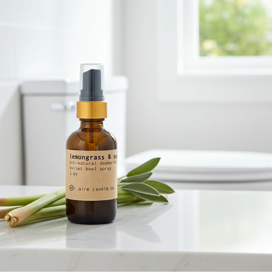 Brown spray bottle with lemongrass and sage label on a white surface with green leaves.