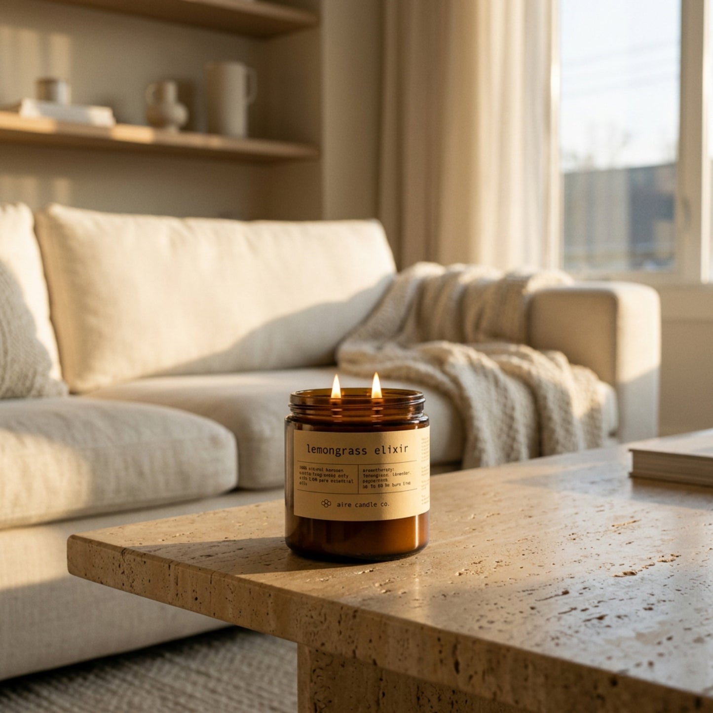 16 oz beeswax candle by aire candle co. labeled 'lemongrass elixir' on a travertine coffee table in a cozy living room at dusk.