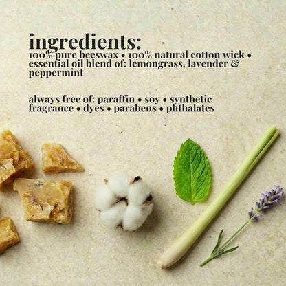 Ingredients list for aire candle co.'s lemongrass elixir candle with natural materials on a textured background