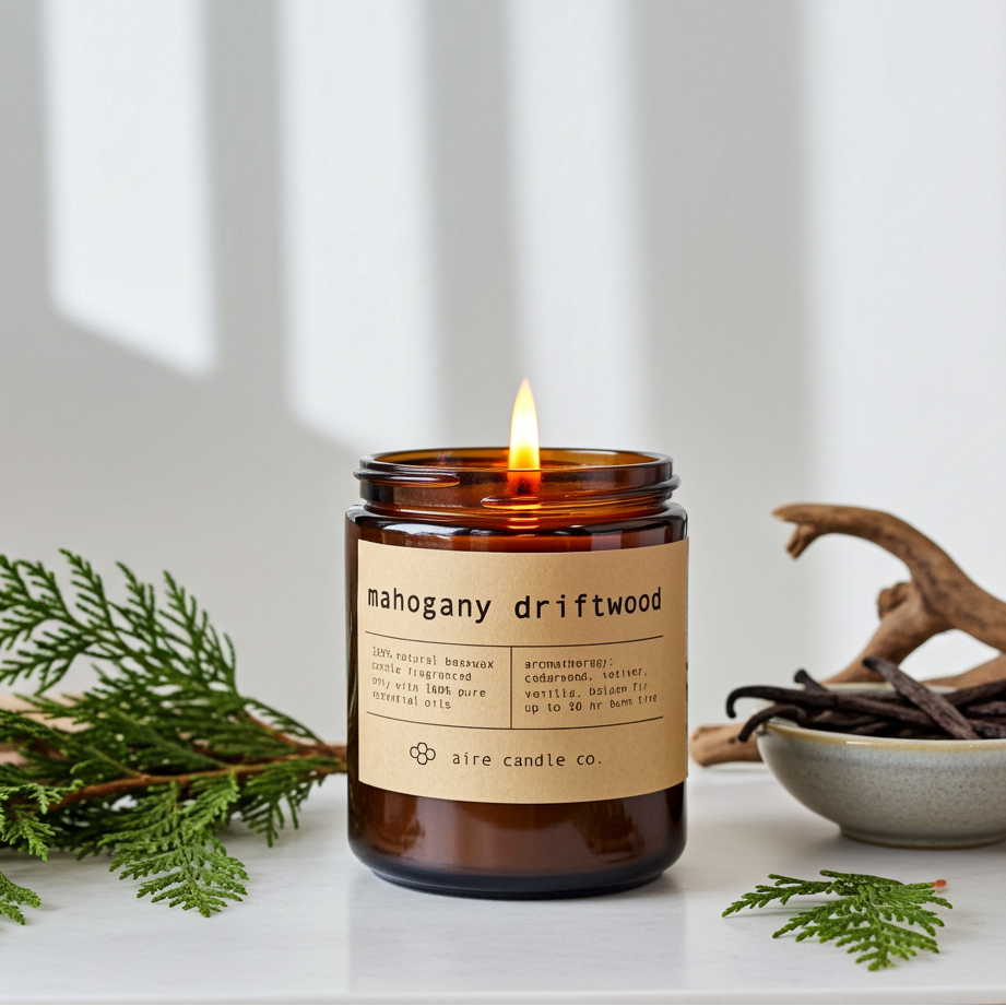 Candle labeled 'mahogany driftwood' with natural elements on a white surface
