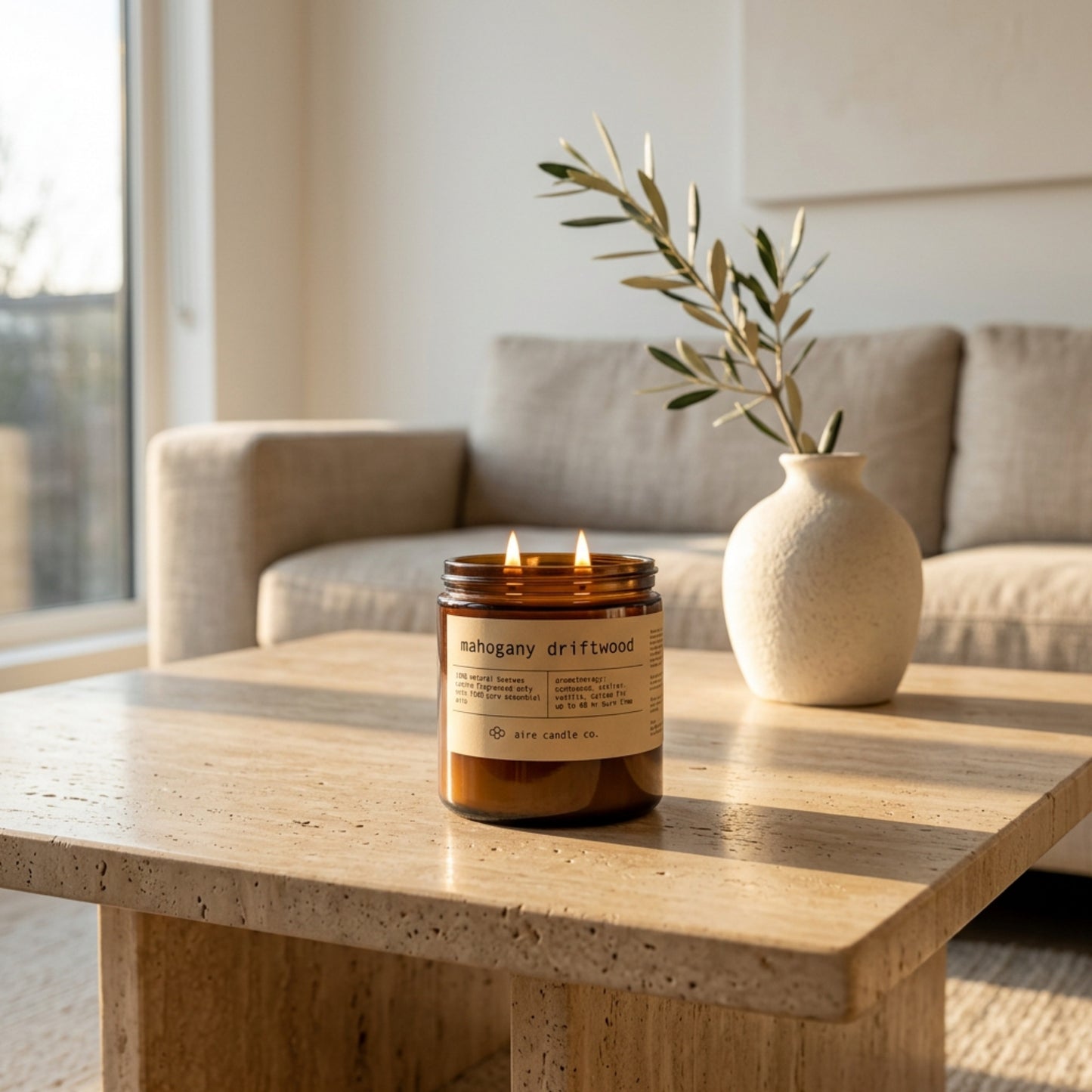 16 oz beeswax candle by aire candle co. labeled 'mahogany driftwood' on a travertine coffee table with sofa in the background in a cozy living room at morning light.