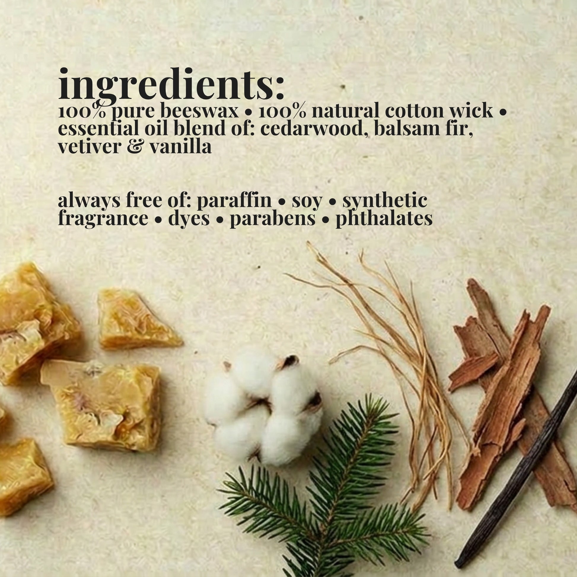 Ingredients list for aire candle co.'s mahogany driftwood essential oil scented beeswax candle with natural materials on a textured background