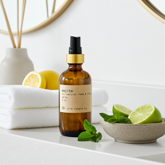 Brown spray bottle labeled 'mojito' on a bathroom counter with lemons, limes, and mint leaves.