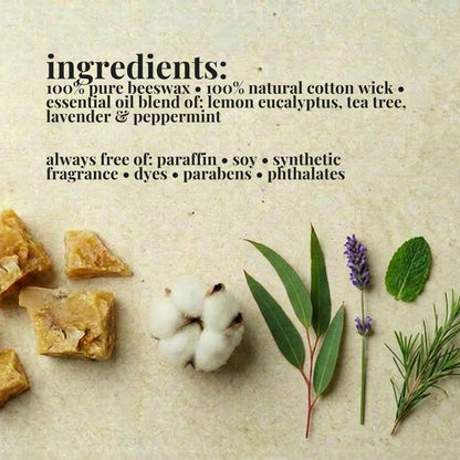Ingredients list for aire candle co.'s not citronella essential oil scented beeswax candle with natural materials on a textured background