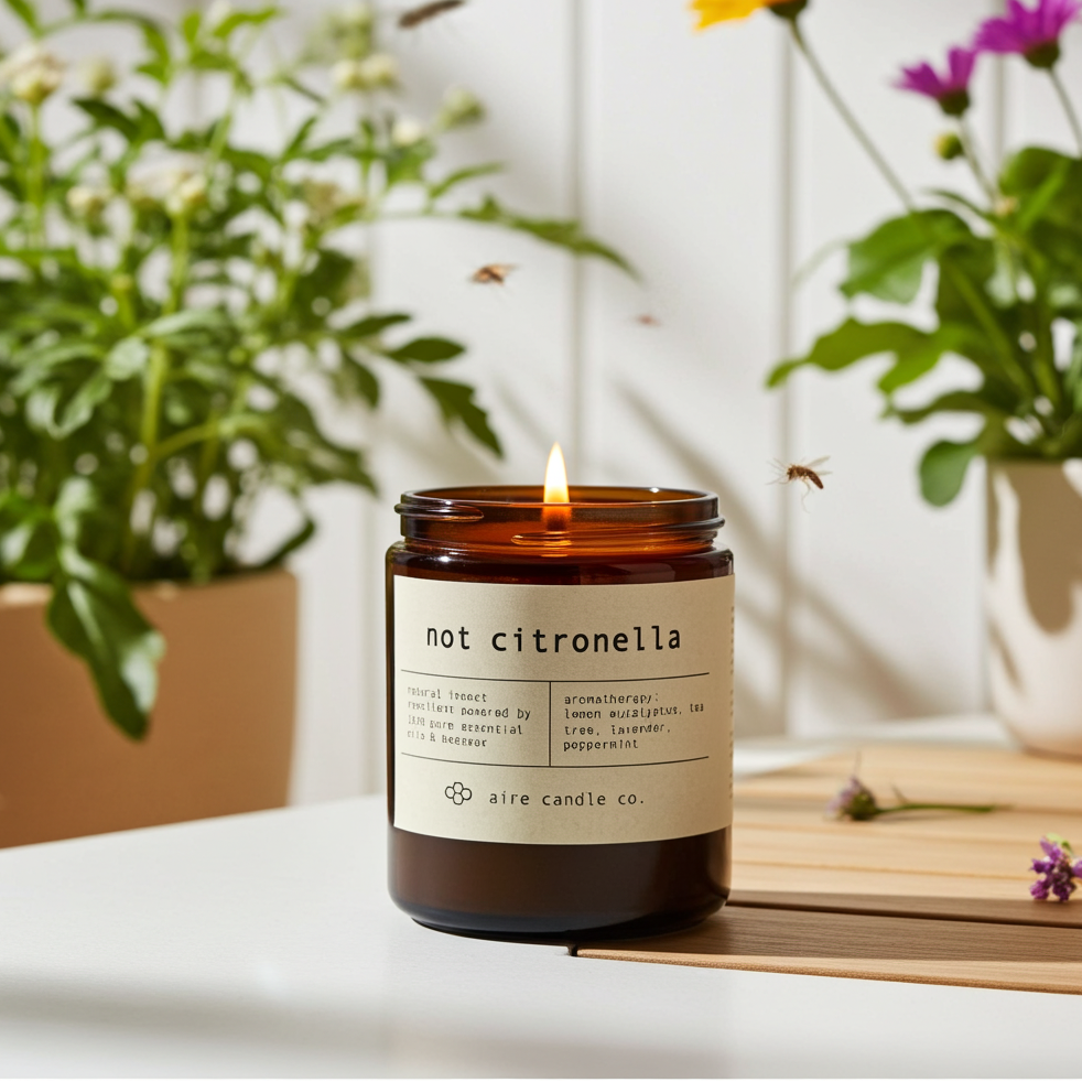 Insect repellent candle labeled 'not citronella' with plants and flowers in the background showing mosquitoes flaying away from the candle