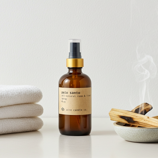 Brown bottle with gold cap labeled 'palo santo' on a white surface with towels and wooden sticks.