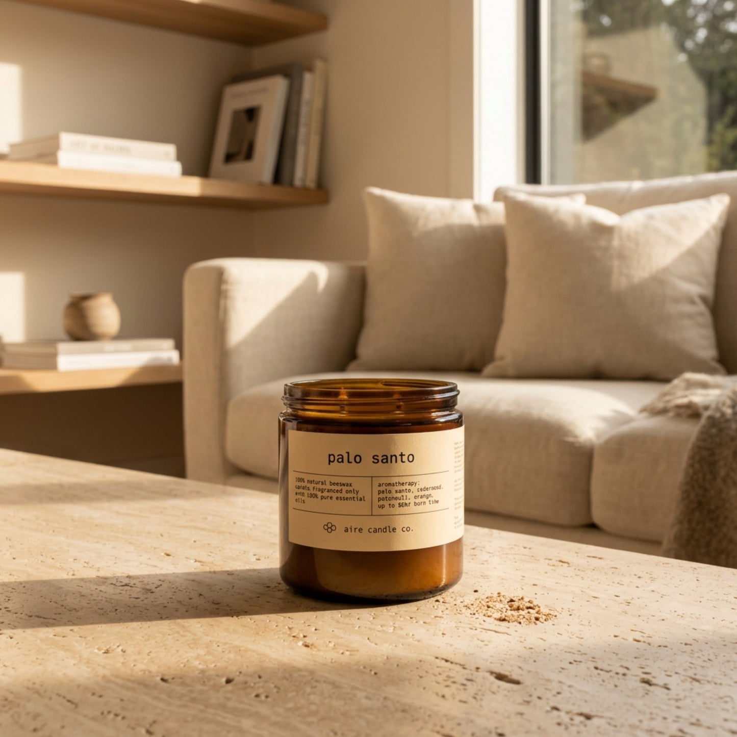 16 oz beeswax candle by aire candle co. labeled 'palo santo' on a travertine coffee table in a cozy living room with morning light.