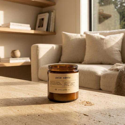16 oz beeswax candle by aire candle co. labeled 'palo santo' on a travertine coffee table in a cozy living room with morning light.