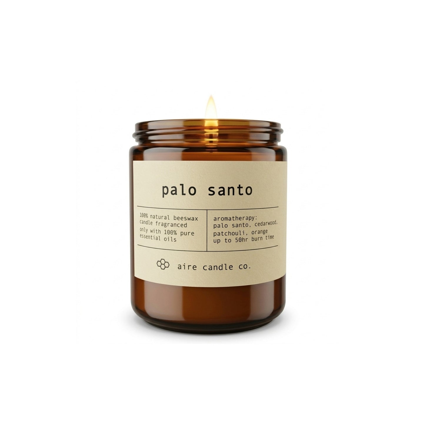 Aire Candle Co. Palo Santo Essential Oil Scented Beeswax Candle Displayed with an Illuminated Flame Housed in a Protective Amber Glass Jar.