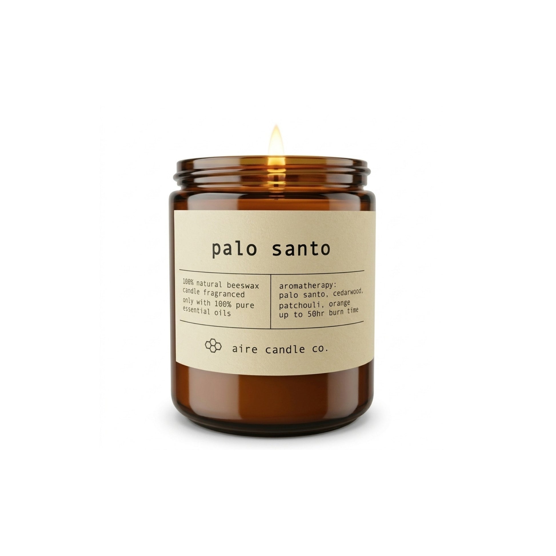 Aire Candle Co. Palo Santo Essential Oil Scented Beeswax Candle Displayed with an Illuminated Flame Housed in a Protective Amber Glass Jar.