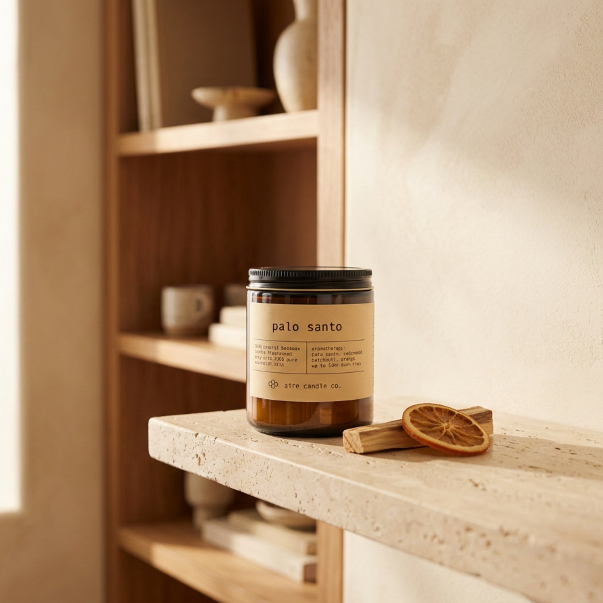 Beeswax candle labeled 'palo santo' by aire candle co. on a travertine shelf with aa palo santo stick and dried orange.