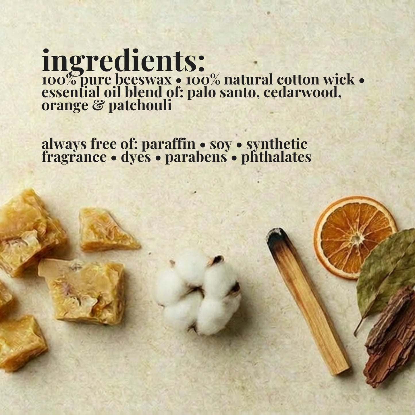 Ingredients list for aire candle co.'s palo santo essential oil scented beeswax candle with natural materials on a textured background
