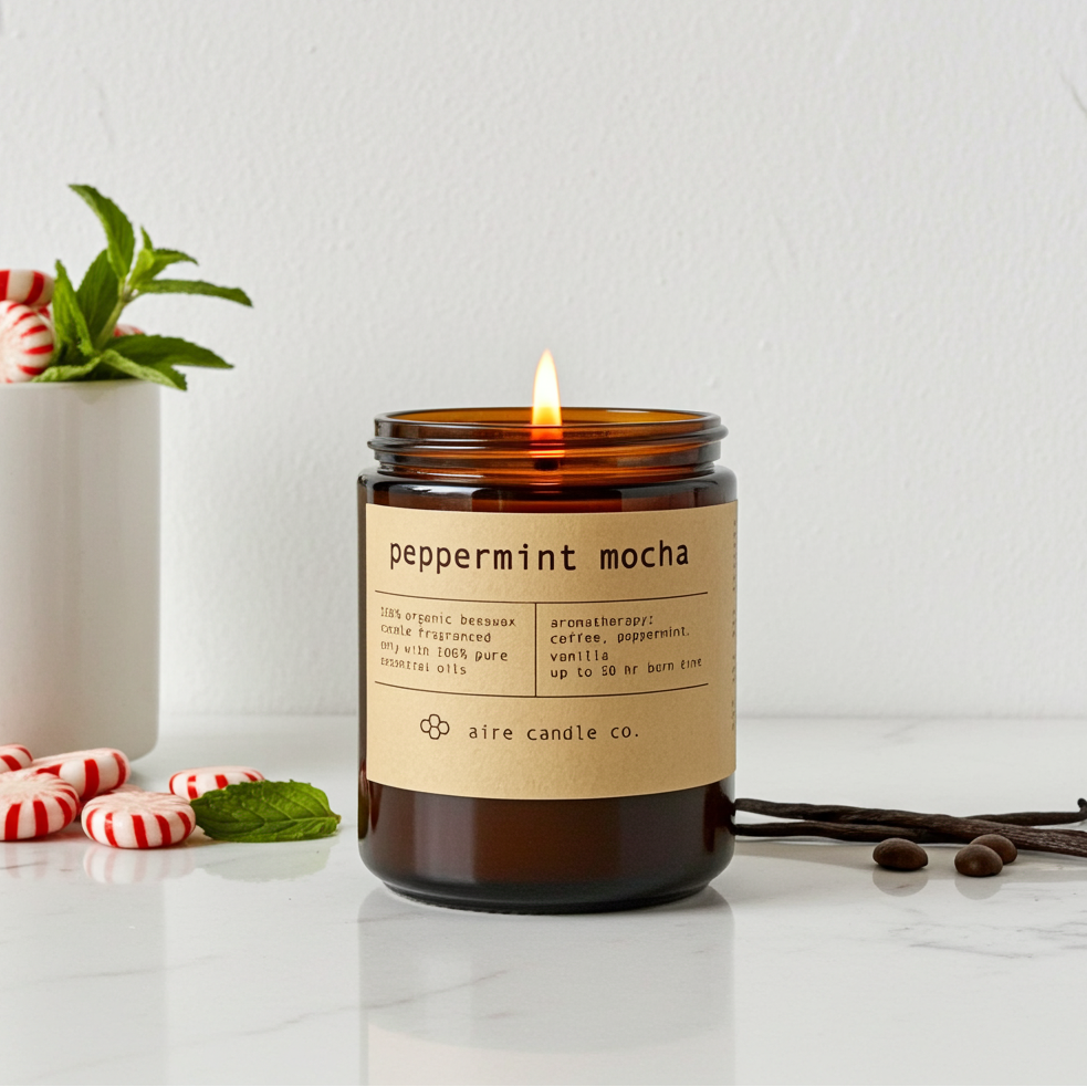 Aire Candle Co. peppermint mocha candle with a label on a white surface with peppermint candies and vanilla beans.