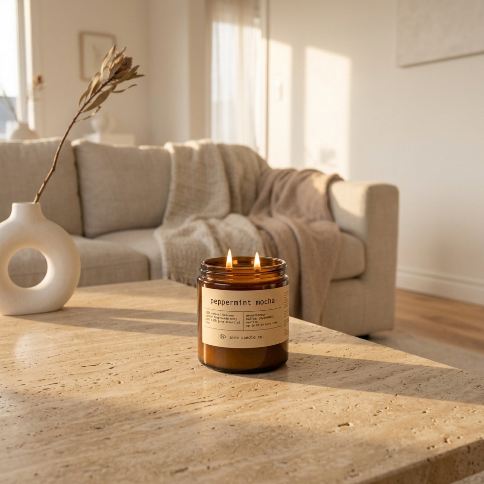 16 oz beeswax candle by aire candle co. labeled 'peppermint mocha' on a travertine coffee table in a cozy living room setting at sunset.