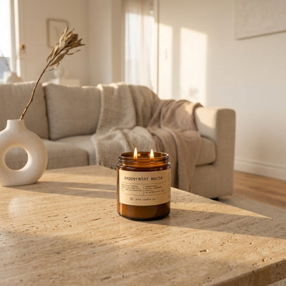 16 oz beeswax candle by aire candle co. labeled 'peppermint mocha' on a travertine coffee table in a cozy living room setting at sunset.