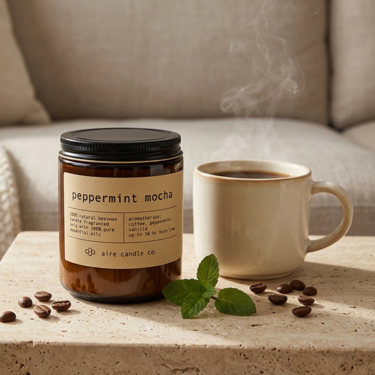 Beeswax candle labeled 'peppermint mocha' by aire candle co. on a travertine surface with a steaming coffee mug and coffee beans.
