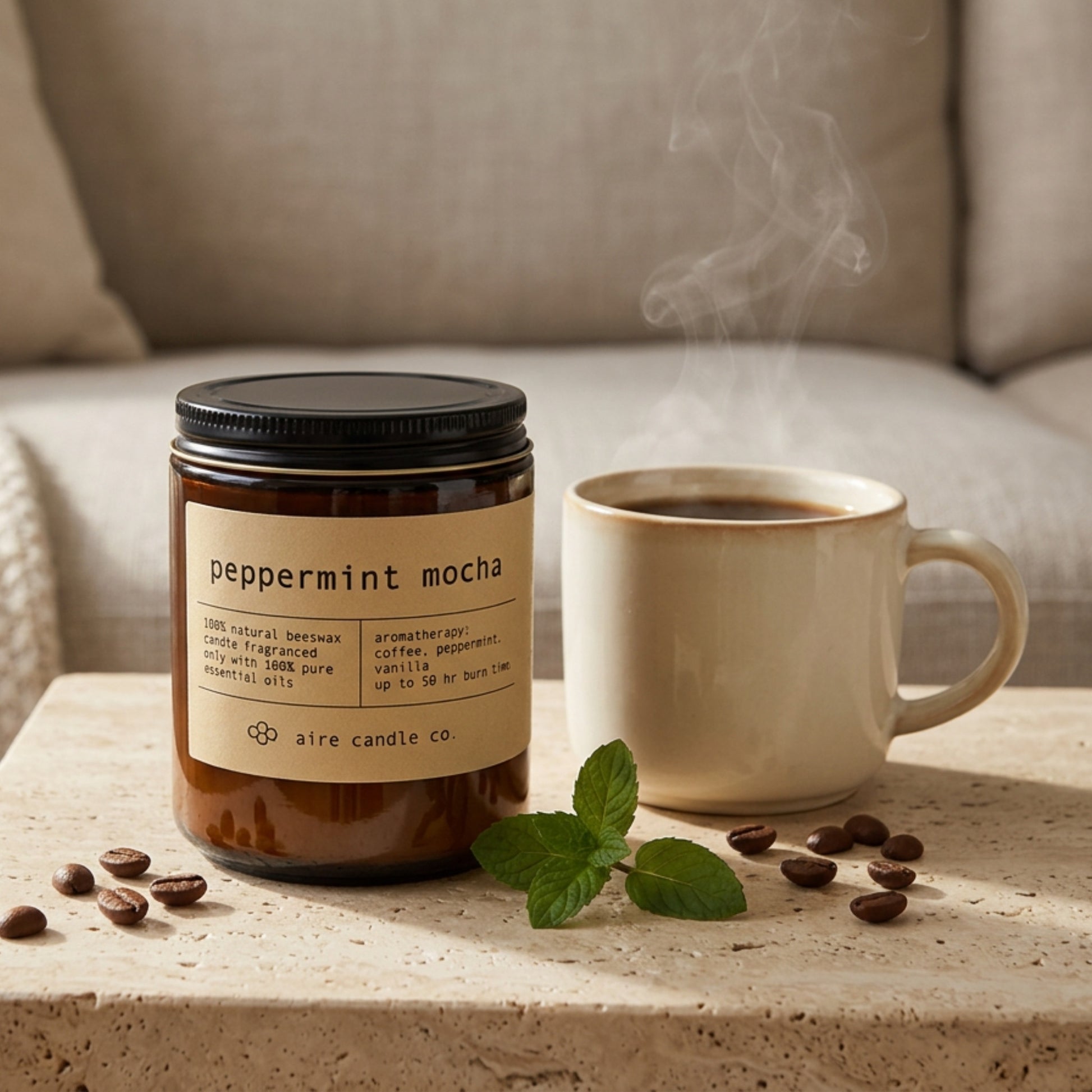 Beeswax candle labeled 'peppermint mocha' by aire candle co. on a travertine surface with a steaming coffee mug and coffee beans.
