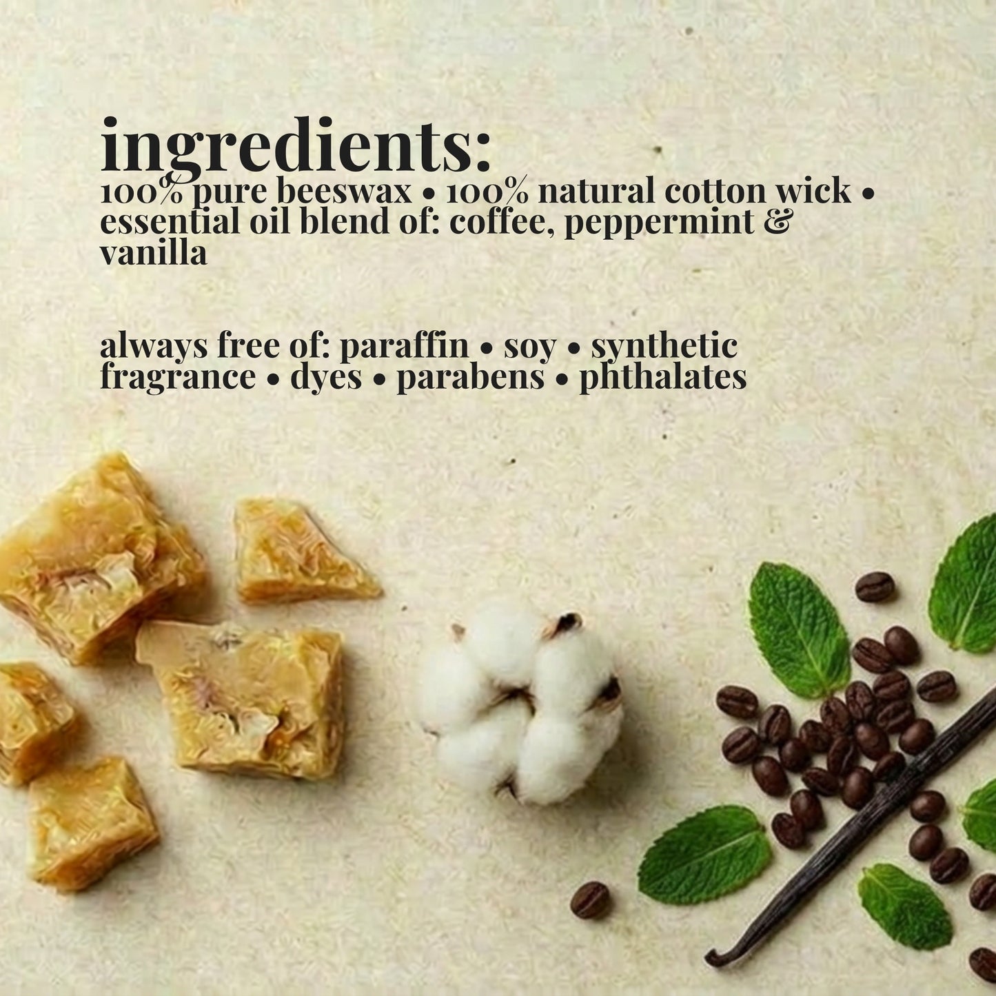 Ingredients list for aire candle co.'s peppermint mocha essential oil scented beeswax candle with natural materials on a textured background