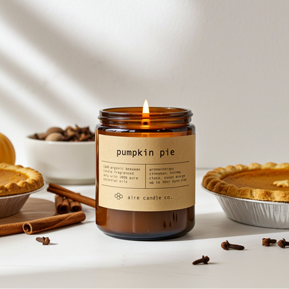 Pumpkin pie candle with a pie and cinnamon sticks on a light background