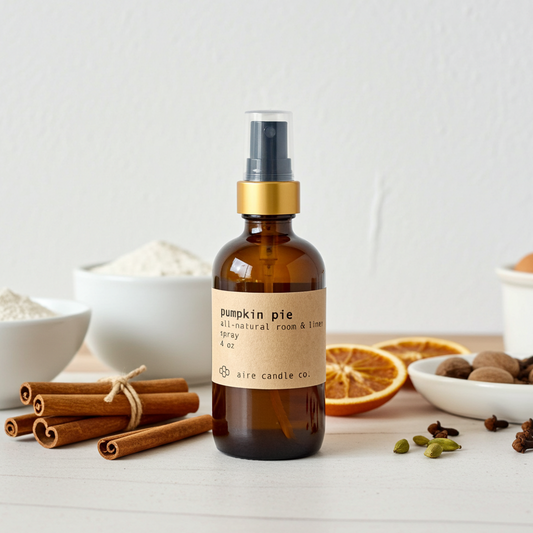 Brown glass bottle with gold cap labeled 'pumpkin pie' room & linen spray on a white surface with cinnamon sticks and oranges.