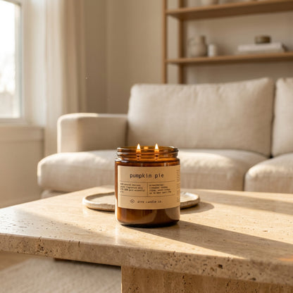 16 oz beeswax candle by aire candle co. labeled 'pumpkin pie' on a travertine coffee table in a cozy living room.