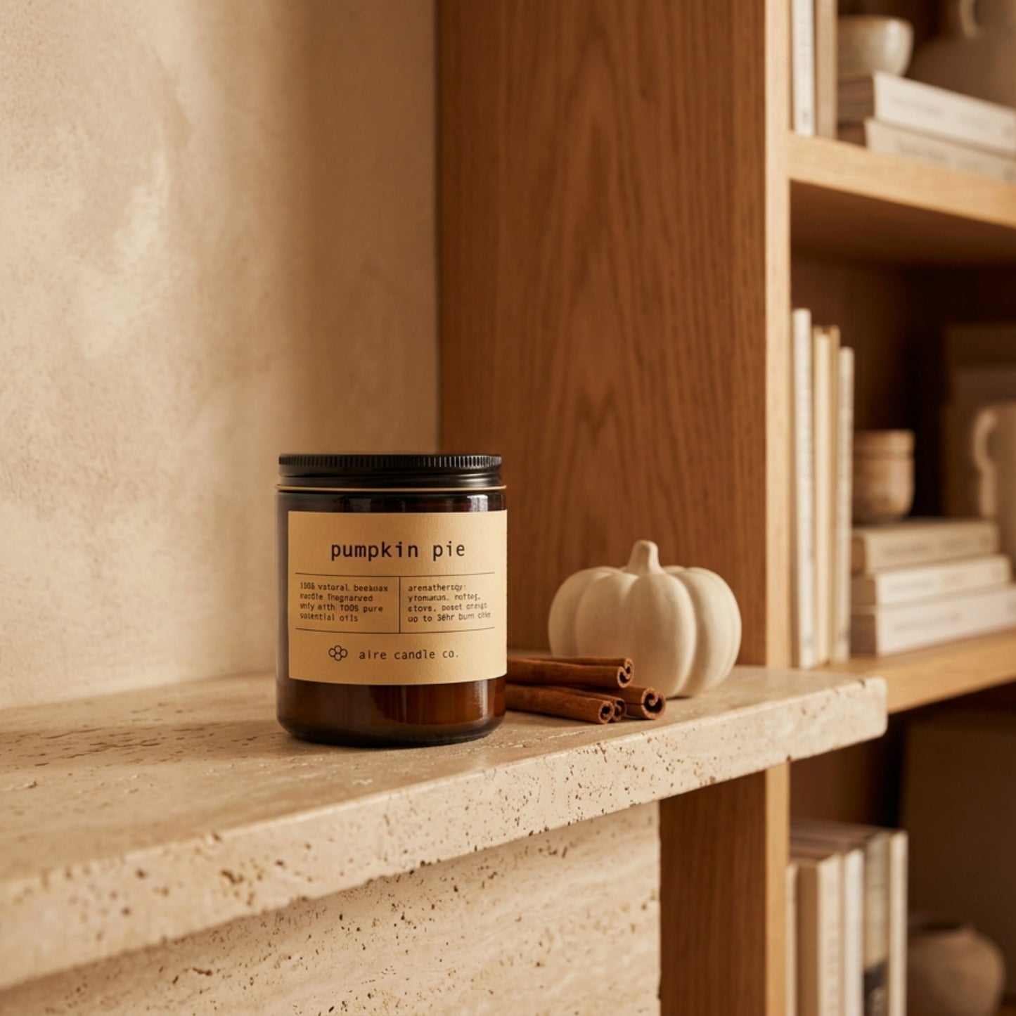 Pumpkin pie candle on a shelf with books, cinnamon sticks and a white pumpkin