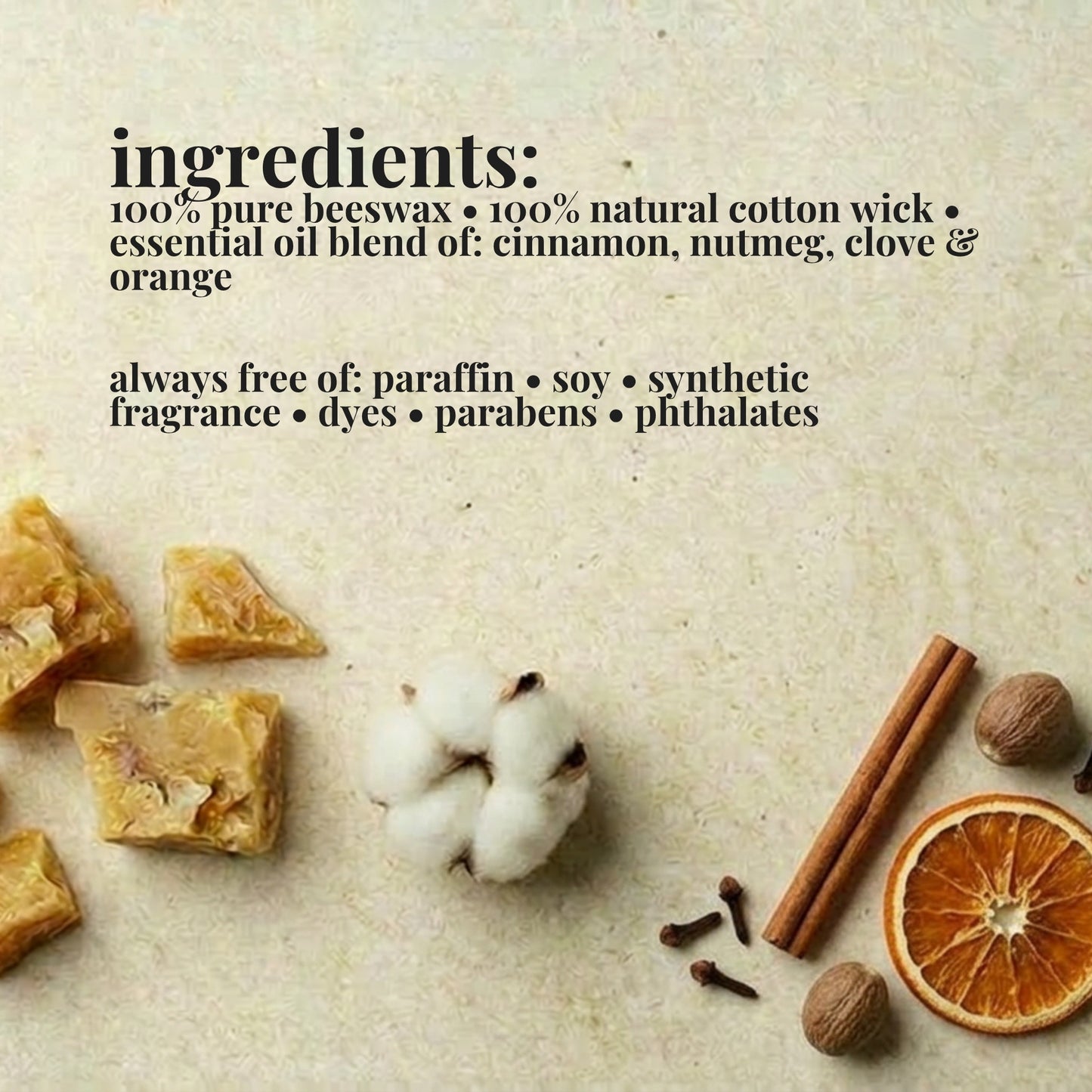 Ingredients list for aire candle co.'s pumpkin pie essential oil scented beeswax candle with natural materials on a textured background