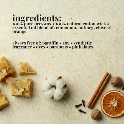 Ingredients list for aire candle co.'s pumpkin pie essential oil scented beeswax candle with natural materials on a textured background