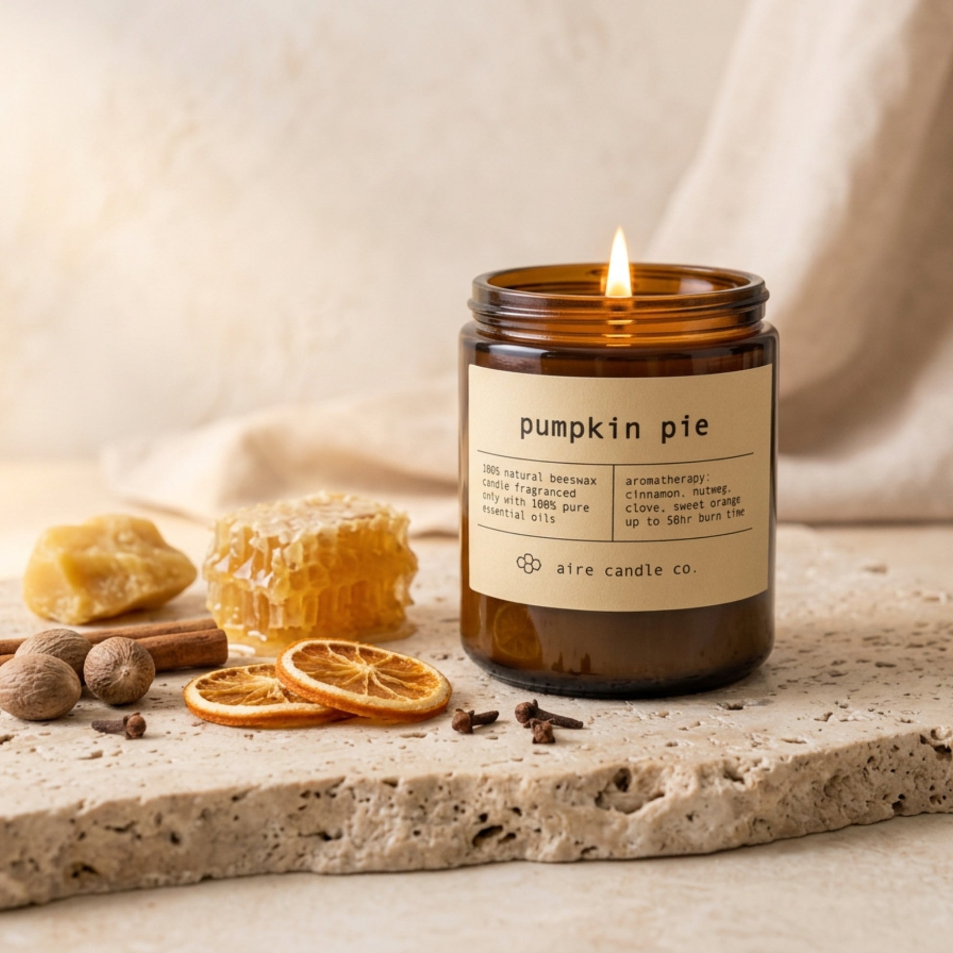 pumpkin pie beeswax candle by aire candle co. with natural ingredients on a travertine surface.